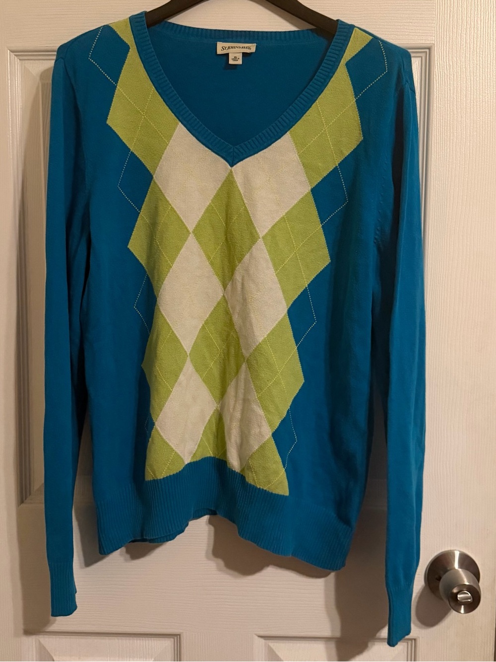 St. John's Bay Teal V-Neck Sweater with Lime Green & White Argyle